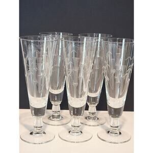 VTG Etched Bamboo Cut Crystal Pilsner Glasses Set of 5 Tall‎ Retro MCM Barware